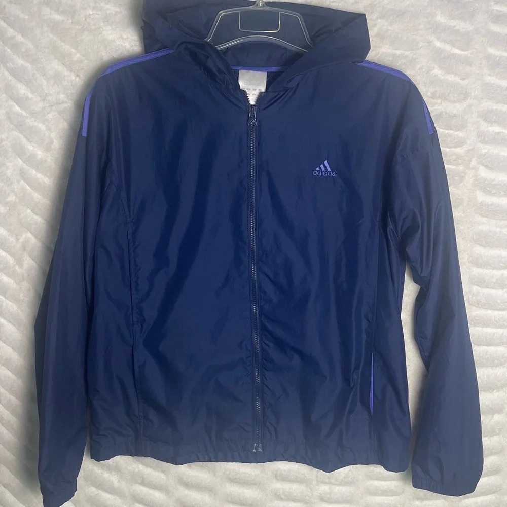 L Y2K Adidas Climaproof Full Zip Hoodie Track warmup Jacket Navy Purple 3 Stripe